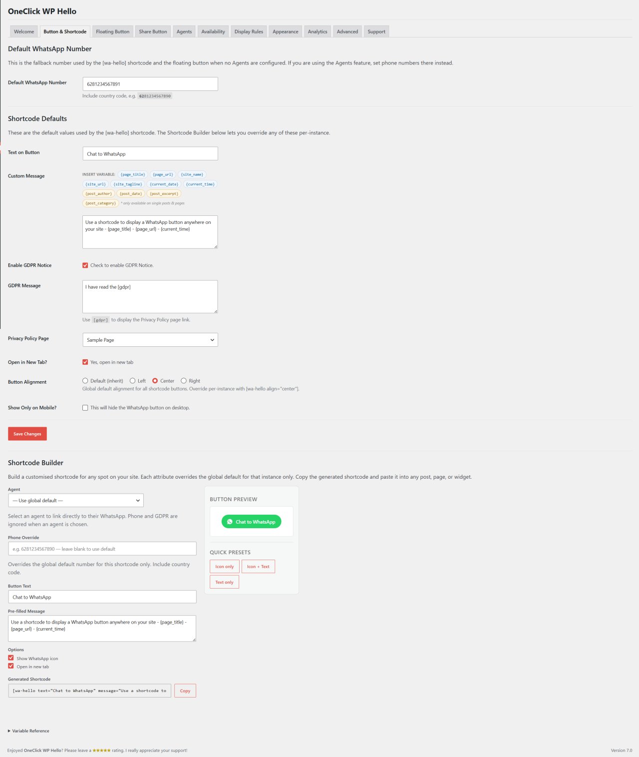 Button & Shortcode settings panel