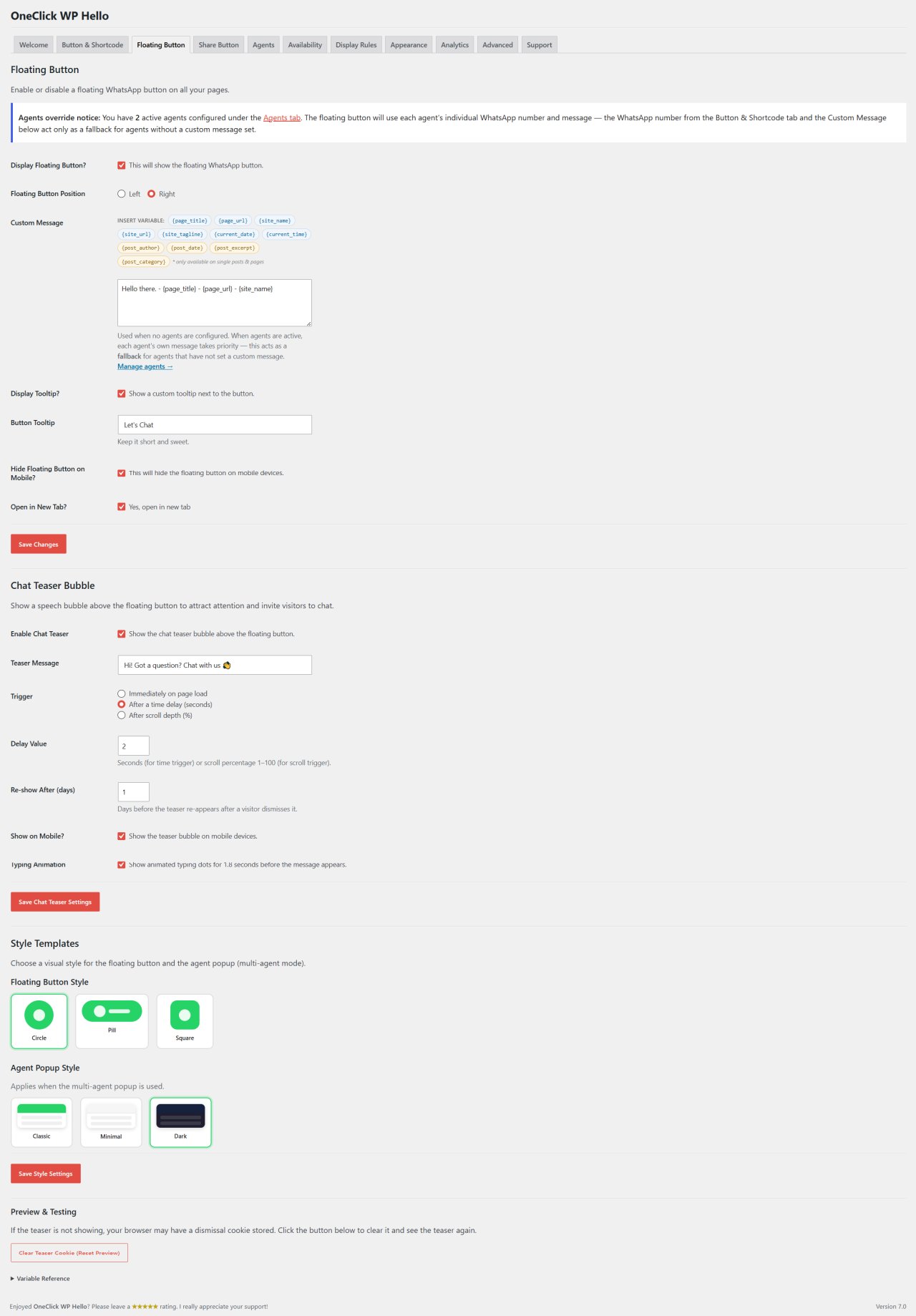 Floating Button settings panel