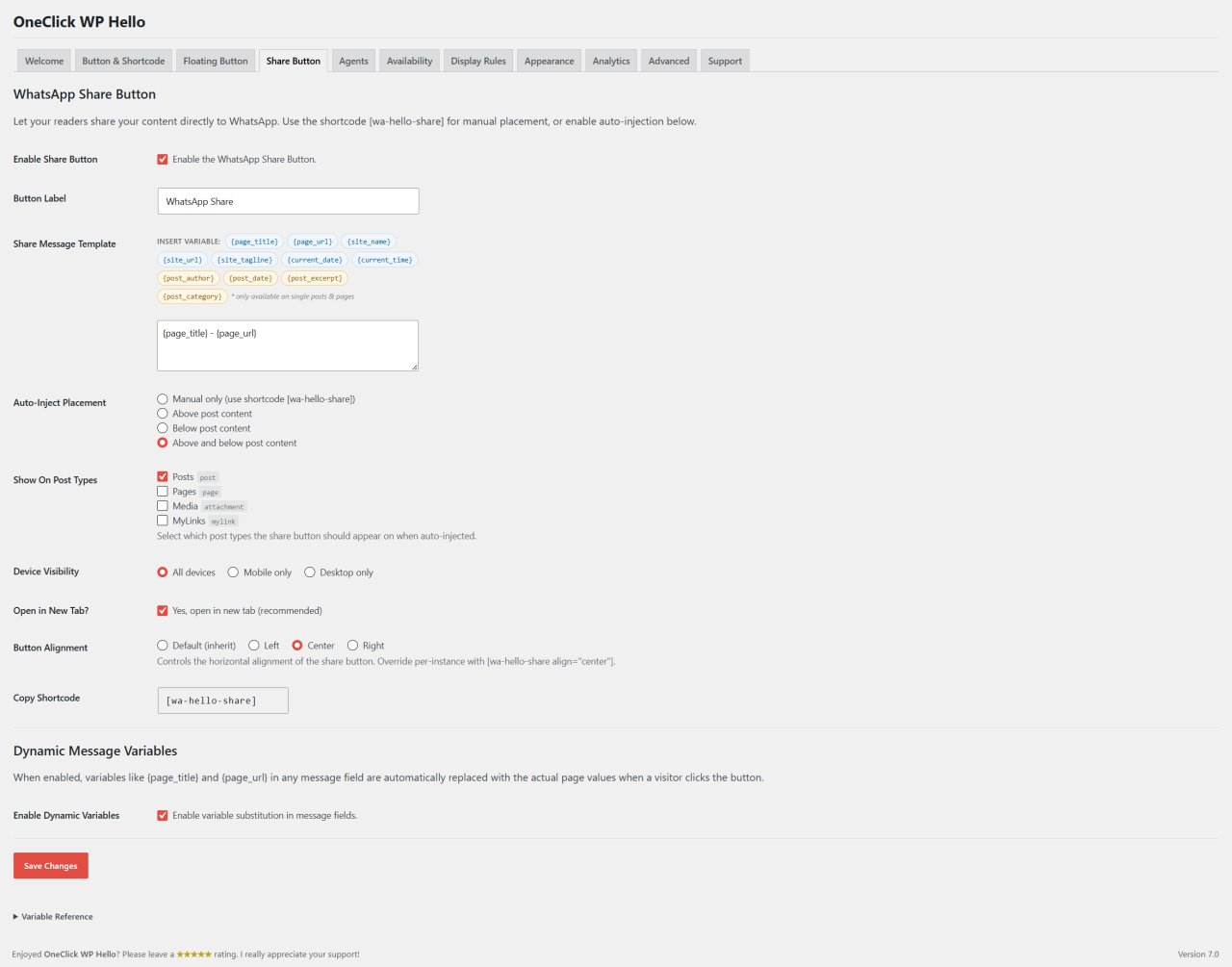 Share Button settings panel