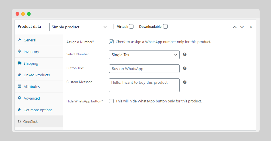 WooCommerce Product Data OneClick Chat to Order